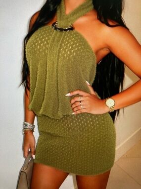 Olive Halter Knit Mini Dress - Brand Unbranded